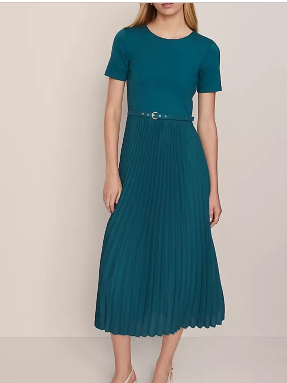 Ann Taylor Teal Pleated Belted Midi Dress